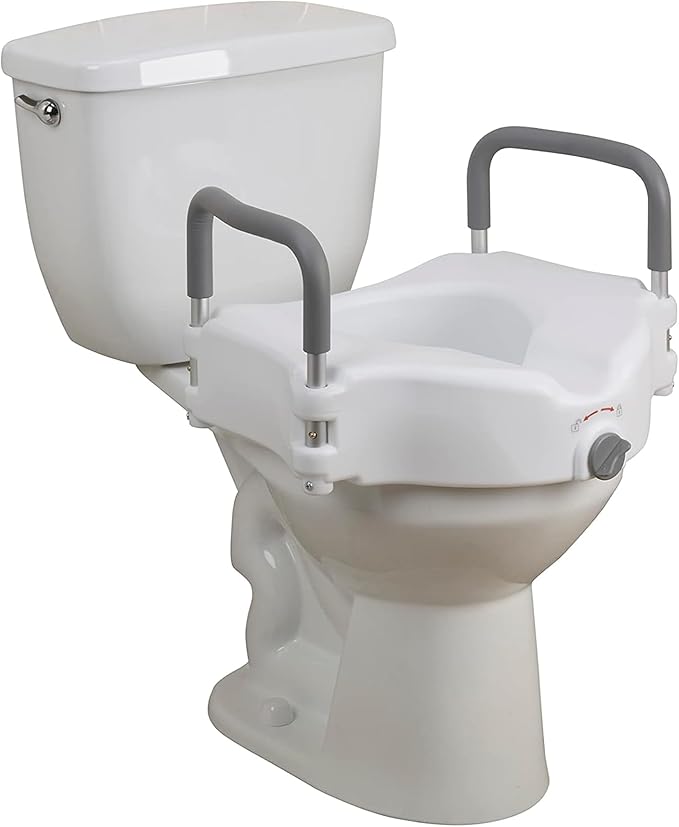 Raised toilet seat with side handles for post-surgery bathroom safety