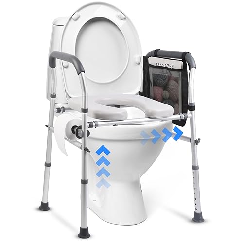 Raised toilet seat with arms for hip replacement recovery