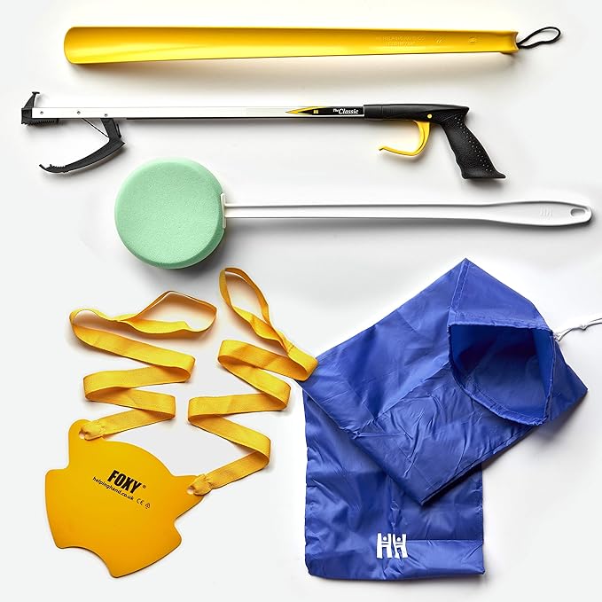 Long-handled reaching and dressing aid kit for post-surgery independence