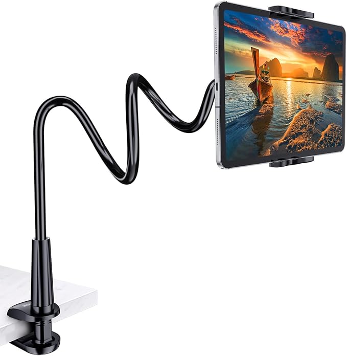 Flexible gooseneck tablet and phone arm stand for bedside use