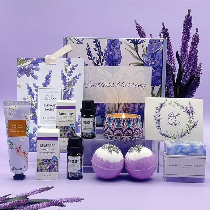 Lavender aromatherapy gift set with essential oil, spray, and candle